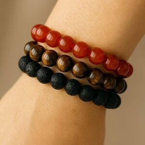 NWOT 8mm Gemstone Bracelet Stack – Lava, Tiger’s Eye, Carnelian